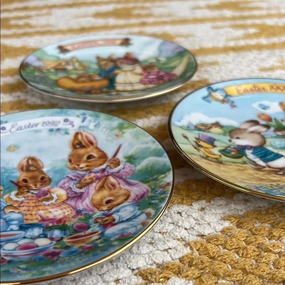 Avon Easter Collectible Plates Set 1991 1992 1993 Bunny Porcelain 22K Gold Trim